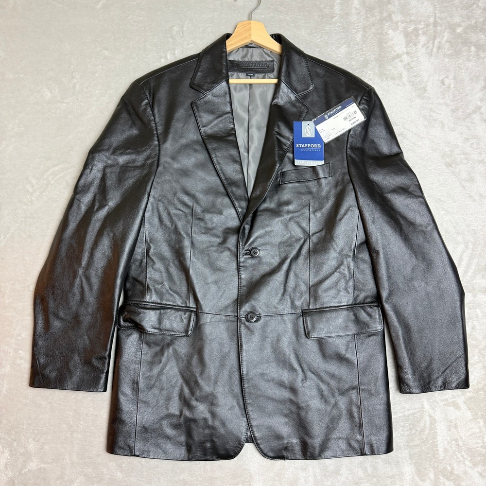 Stafford Essentials Leather Blazer Men M Black Classic Nappa Jacket NEW $300